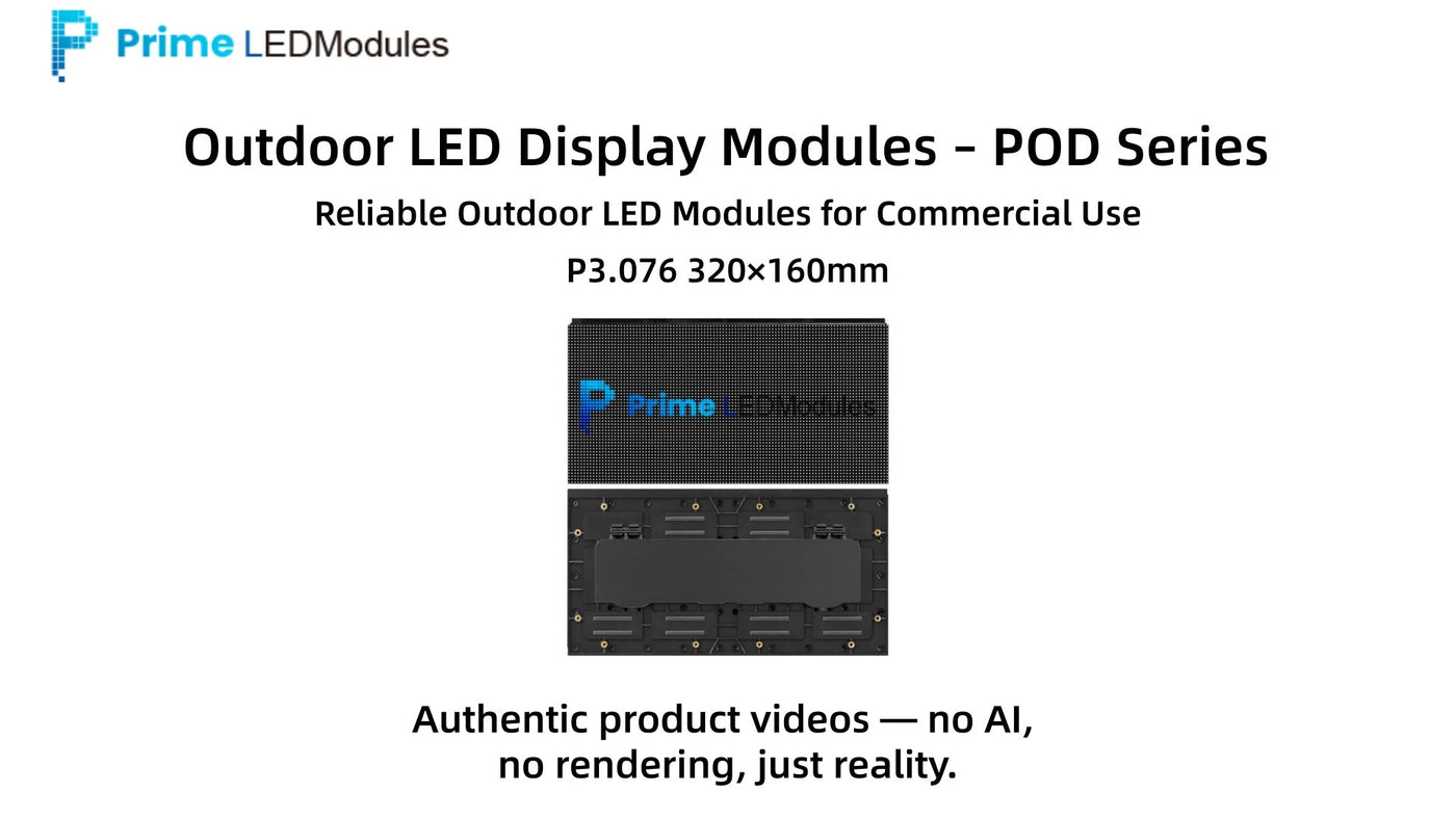 POD-WS Series P3.076 Outdoor LED Module Demo | 320×160mm IP65 Commercial Display Panel | PrimeLEDModules